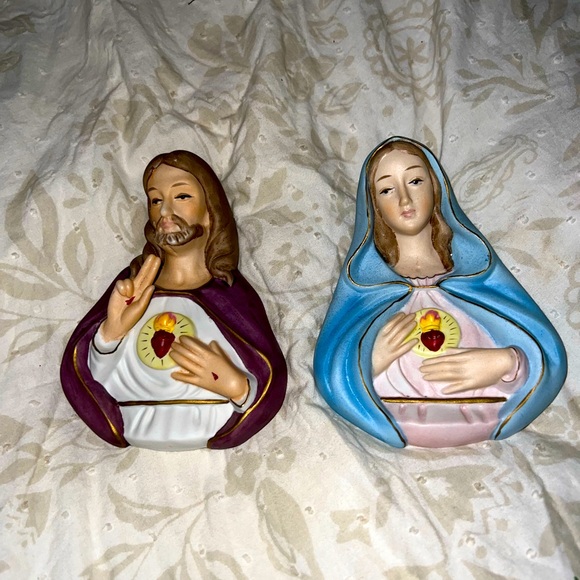 Vintage Chalkware Heart of Jesus and Mary - Picture 1 of 6
